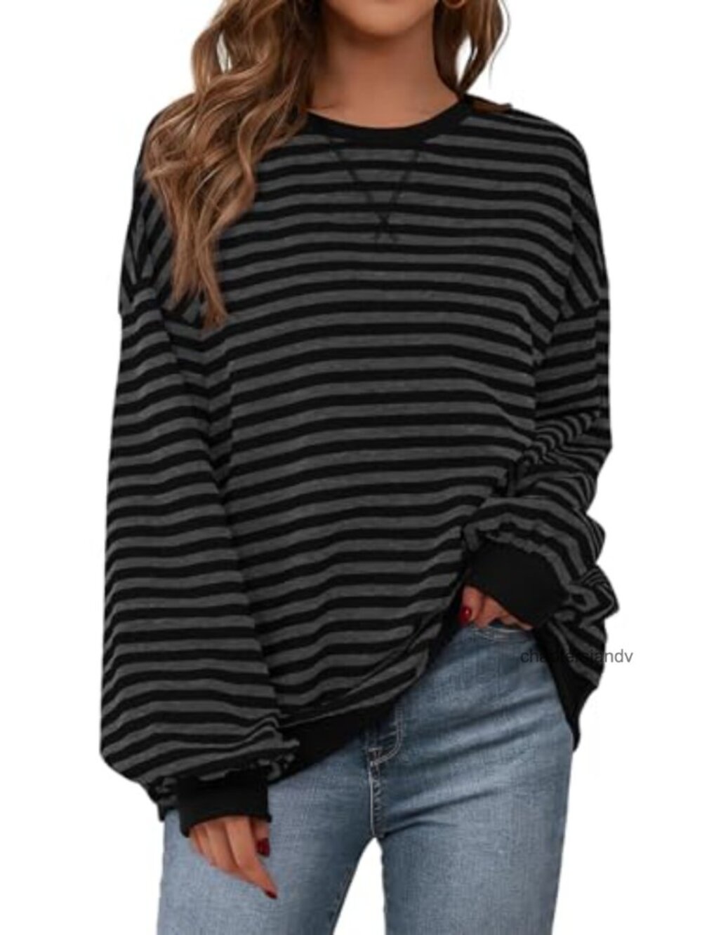 Oversized Striped Crewneck Sweatshirt Cotton Blend Loose Fit Pullover